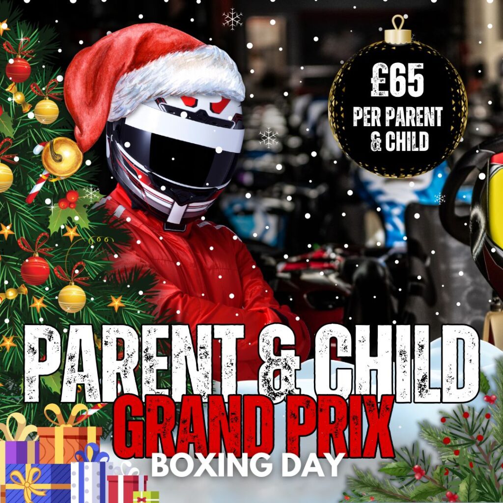 teamkarting parent and child grandprix image of a racing driver with santa hat at teamkarting in rochdale and presents snow and festive bauble